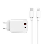 WIWU väggladdare Wi-U002 PD + QC 20W 1x USB 1x USB-C vit + kabel USB-C – Lightning