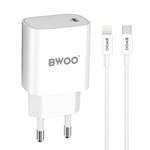 BWOO CDA159 PD väggladdare 1x USB-C-port + Lightning 20W vit