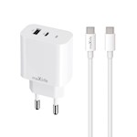Maxlife MXTC-06-20AC PD QC-laddare 1x USB-C 1x USB 20W vit + USB-C – USB-C-kabel 20W
