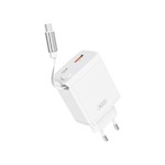 XO-väggladdare CE31 1x USB 1x USB-C 30W vit med utdragbar USB-C-kabel