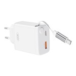 XO-väggladdare CE31 1x USB 1x USB-C 30W vit med utdragbar USB-C-kabel