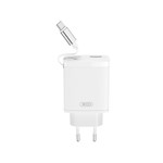 XO-väggladdare CE31 1x USB 1x USB-C 30W vit med utdragbar USB-C-kabel