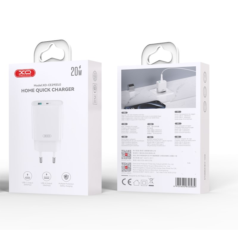 XO wall charger CE29 PD 20W 1x USB-C 1x USB white