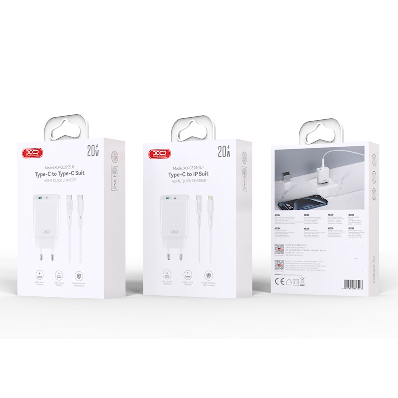 XO wall charger CE29 PD 20W 1x USB-C 1x USB white + cable USB-C - USB-C