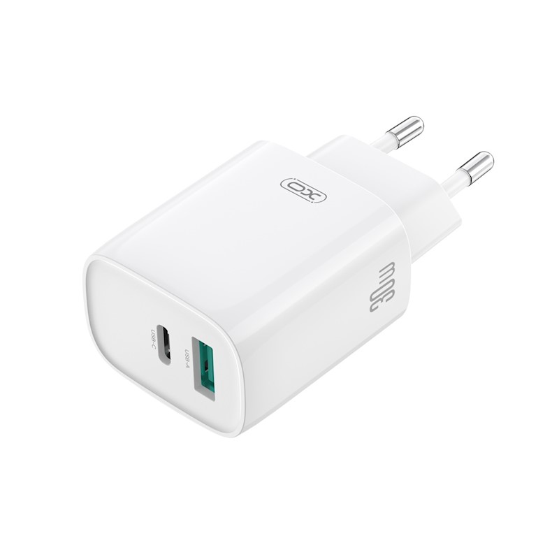 XO wall charger CE30 PD 30W 1x USB-C 1x USB white + cable USB-C - USB-C