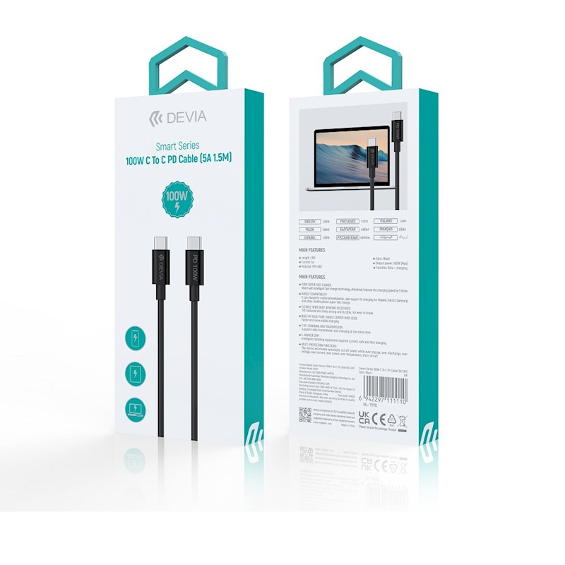 Devia cable Smart EC317 PD USB-C – USB-C 1,5 m 100W 5A black