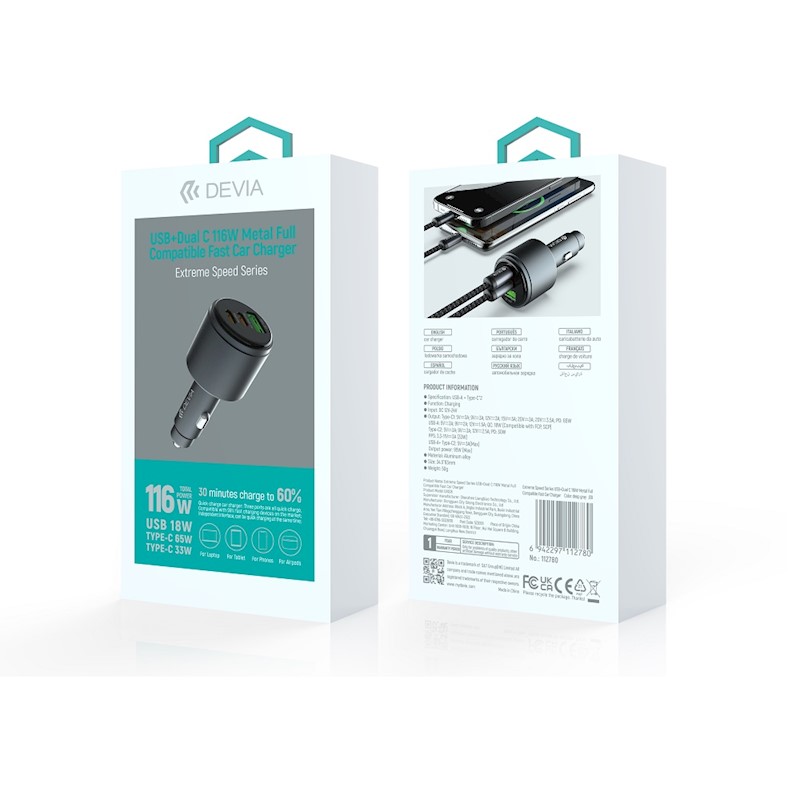 Devia car charger Extreme Metal PD QC 116W 1x USB 2x USB-C black