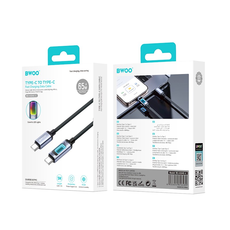 BWOO X324CC braided fast charging cable with light display PD 60W USB-C - USB-C
