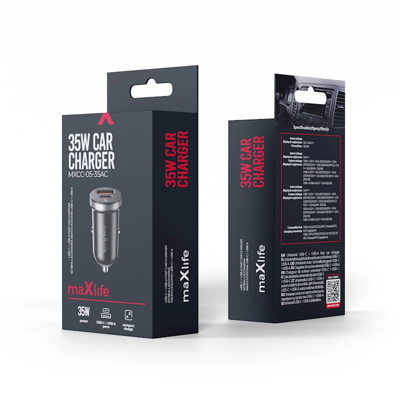 Maxlife MXCC-05 PD QC car charger 1x USB-C 1x USB 35W black