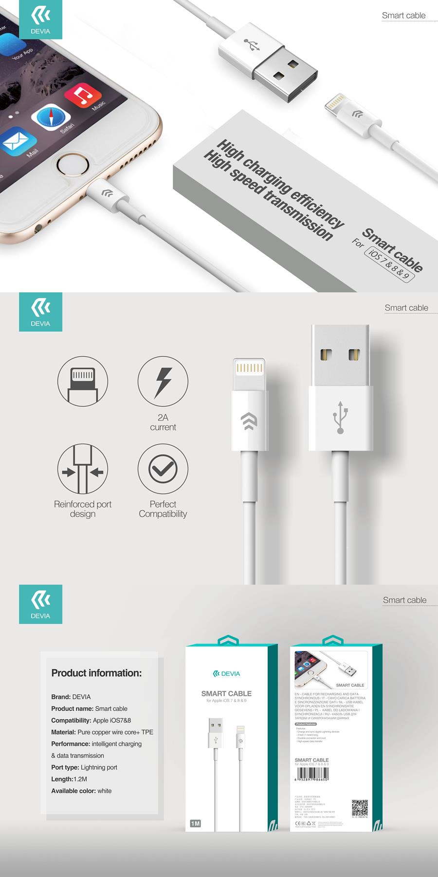 Devia cable Smart EC080 USB - Lightning 1,0 m 2,1A white