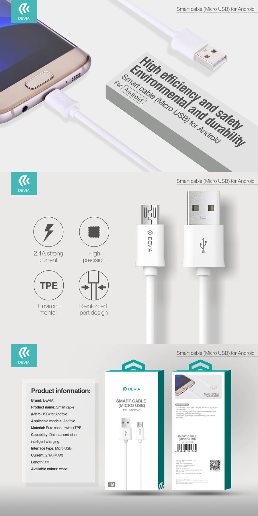 Devia kabel Smart EC081 USB - MicroUSB 1,0 m 2,1A biały
