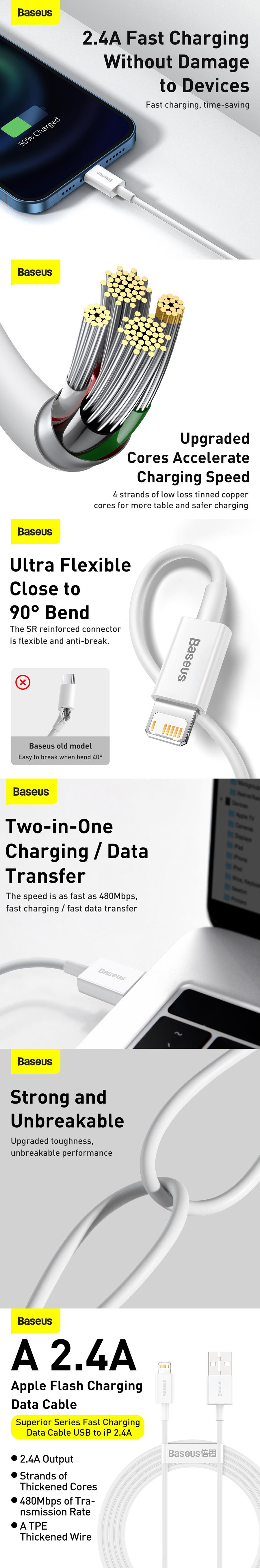 Baseus Superior USB - Lightning kábel 2,0 m 2,4A fehér
