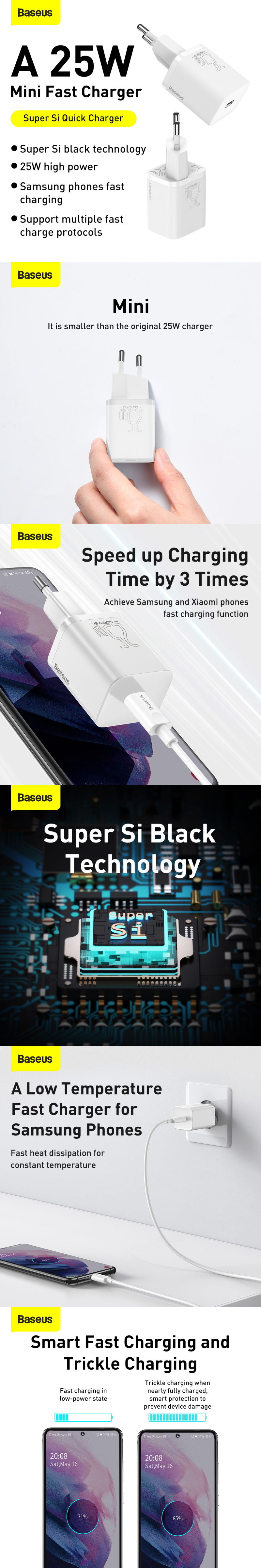 Зарядно устройство Baseus Super, бял, бързо зареждане QC, 25W 1xUSBC + кабел USB-C/USB-C 7 Baseus wall charger Super Si PD 25W 1x USBC white + USB-C - USB-C cable