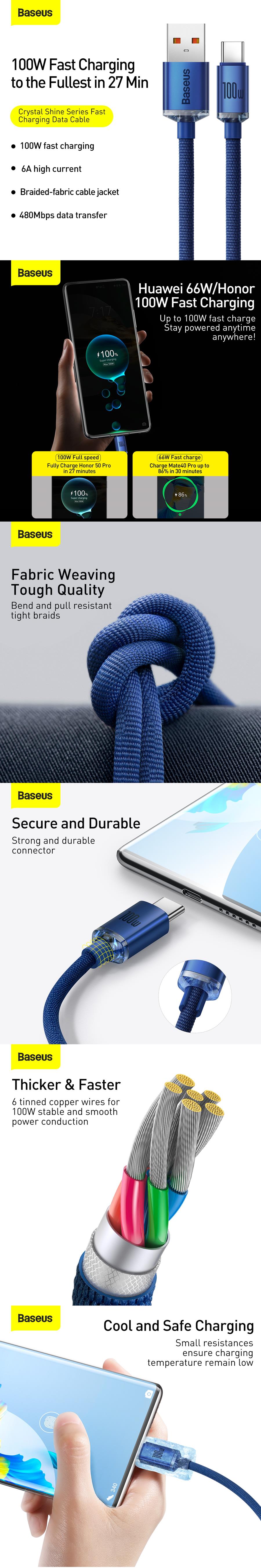 Baseus kabel Crystal Shine USB - USB-C 2,0 m 100W niebieski