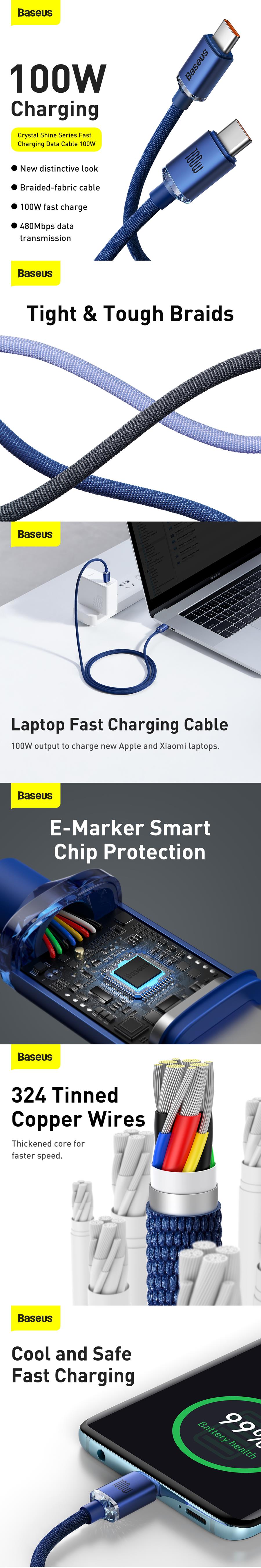 Baseus cable Crystal Shine USB-C - USB-C 1,2 m 100W blue
