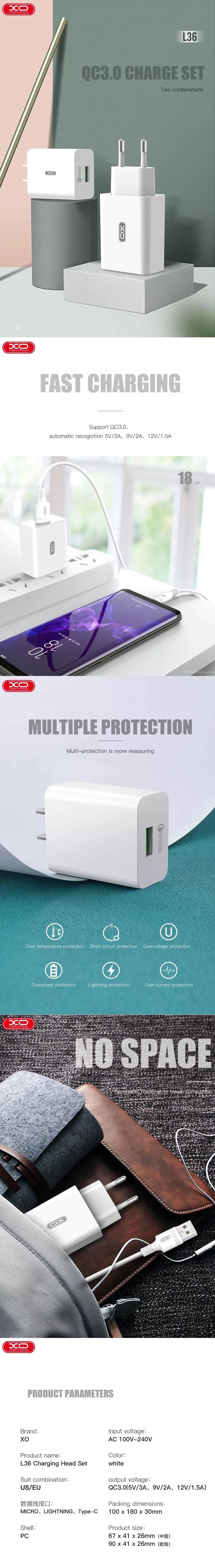 XO wall charger L36 QC 3.0 18W 1x USB white