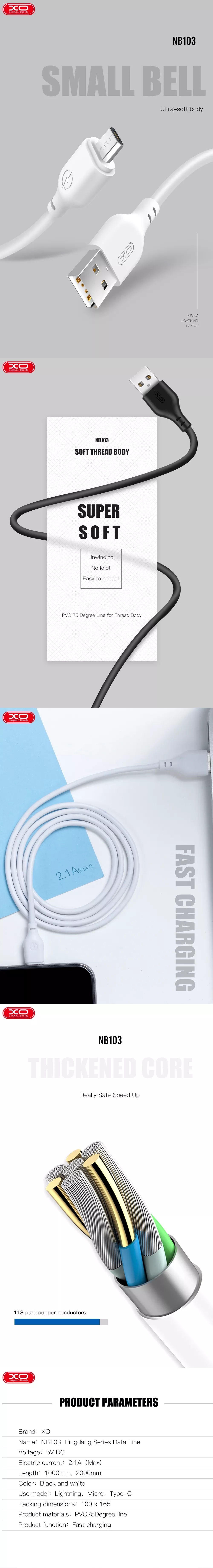 XO cable NB103 USB - Lightning 2,0 m 2,1A white