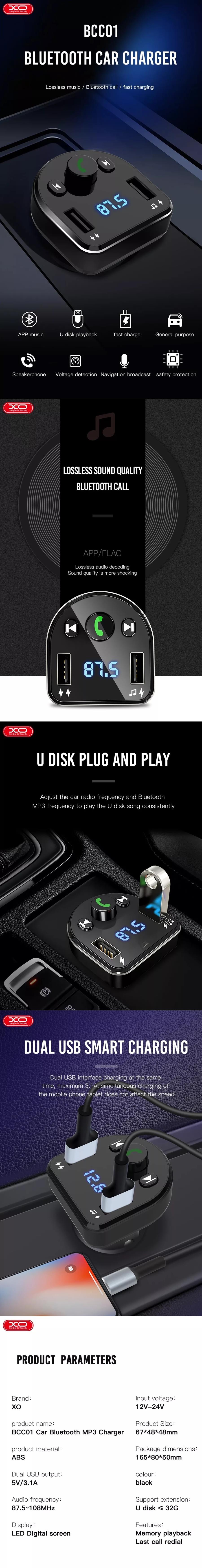 XO transmiter FM BCC01 Bluetooth MP3 ładowarka samochodowa czarna