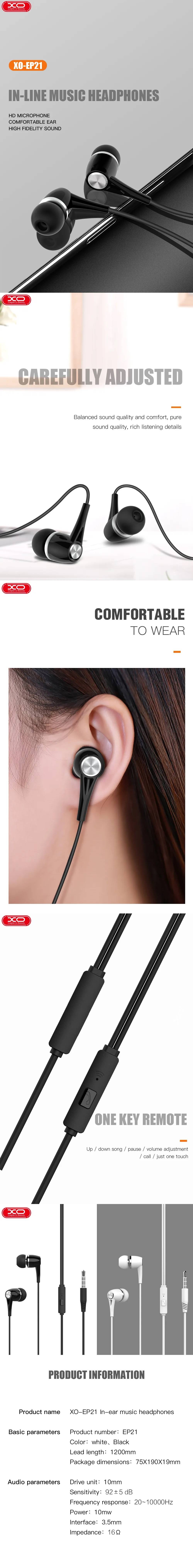 XO vezetékes fejhallgató EP21 jack 3,5 mm-es fülbe helyezhető fekete