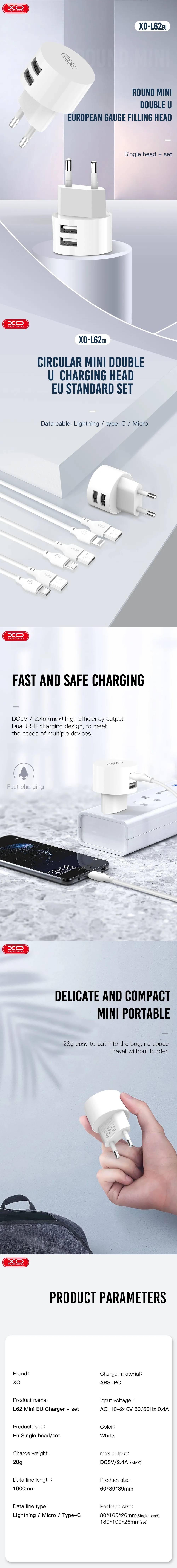 XO wall charger L62 2x USB 2,4A white + Lightning cable