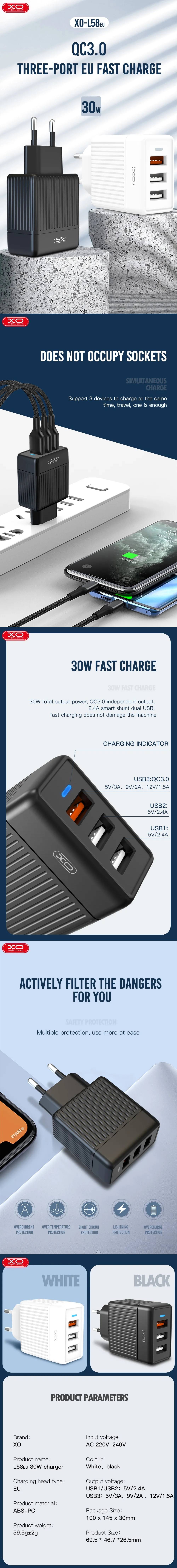 XO wall charger L58 QC 3.0 30W 3x USB black