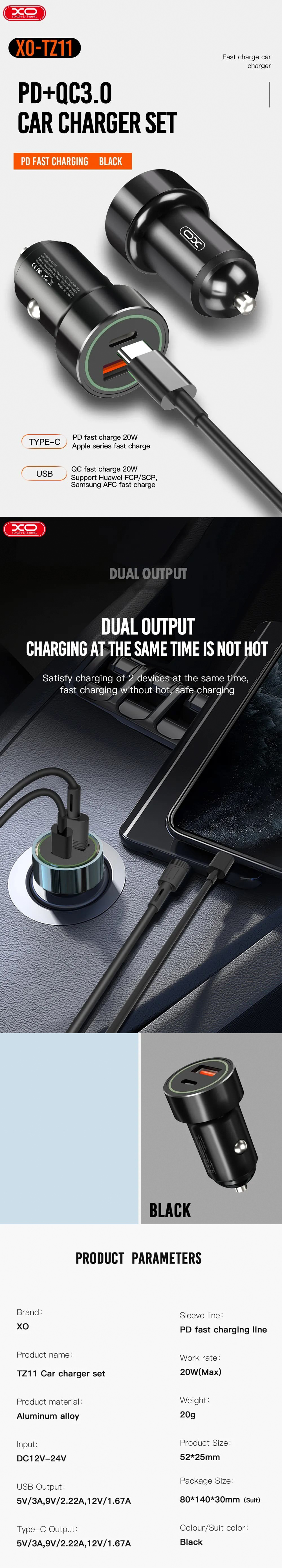 XO car charger TZ11 PD QC 20W 1x USB 1x USB-C black + cable USB-C - Lightning