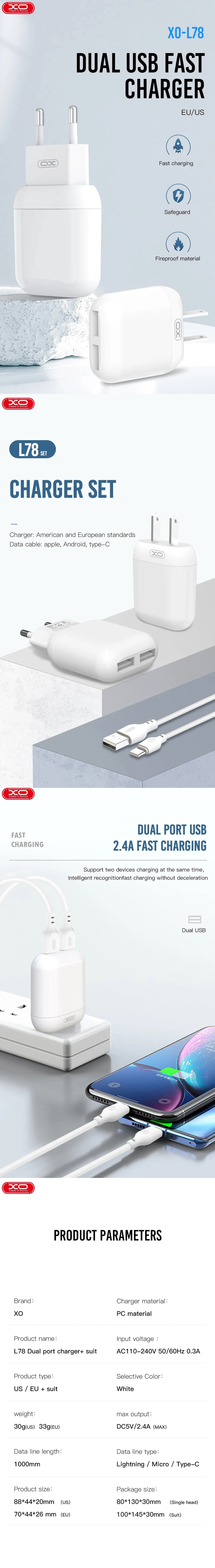 XO wall charger L78 2x USB 2,4A white