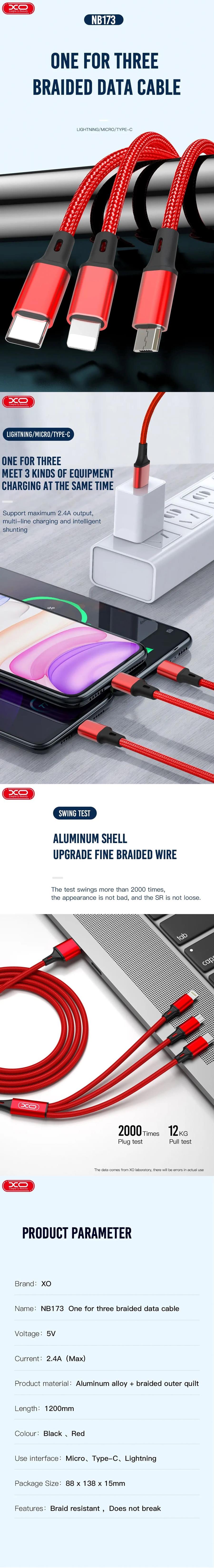 XO cable NB173 3in1 USB - Lightning + USB-C + microUSB 1,2 m 2,4A red
