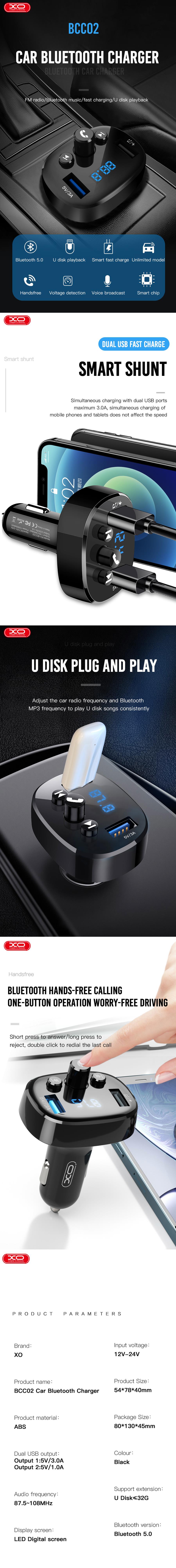 XO transmiter FM BCC02 Bluetooth MP3 car charger 15W black