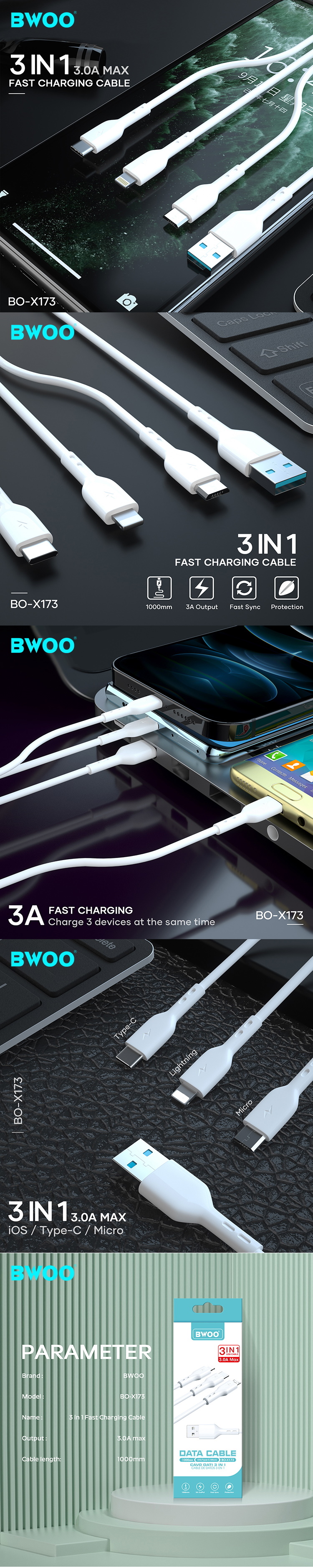 Cabo BWOO 3em1 X173 USB - Lightning + USB-C + microUSB 1,0m 3A branco