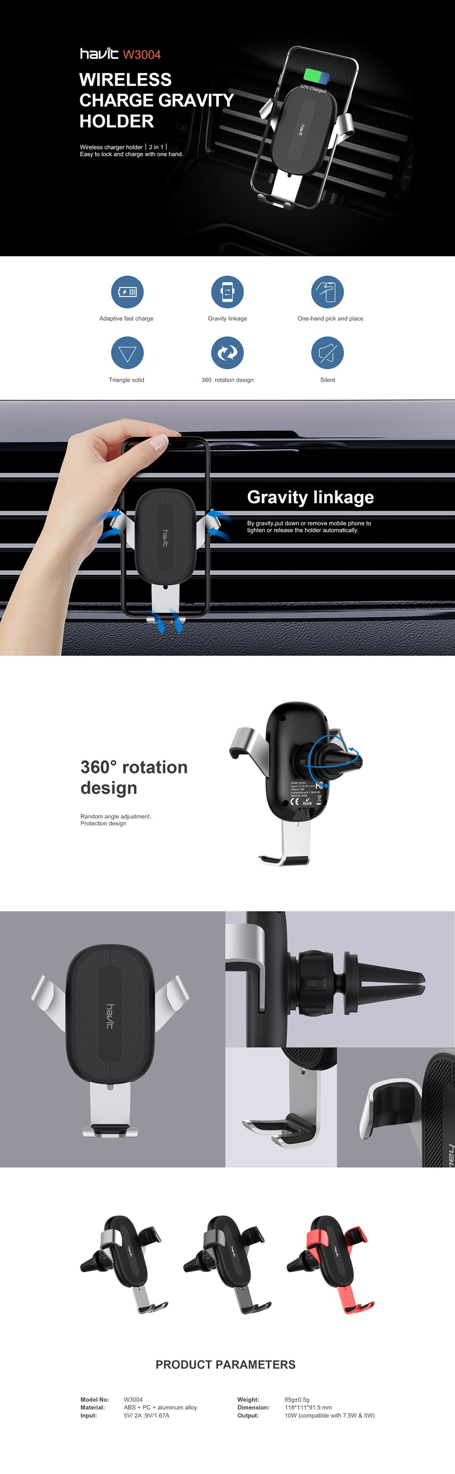 HAVIT car holder with wireless charging W3004 10W black
