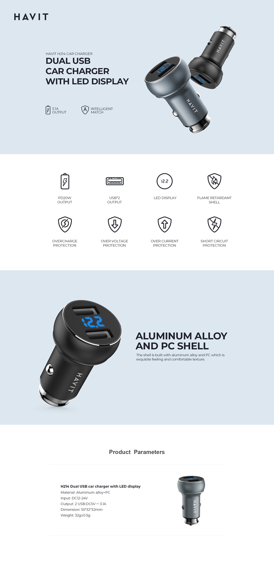 HAVIT car charger H214 LED ring 2xUSB grey