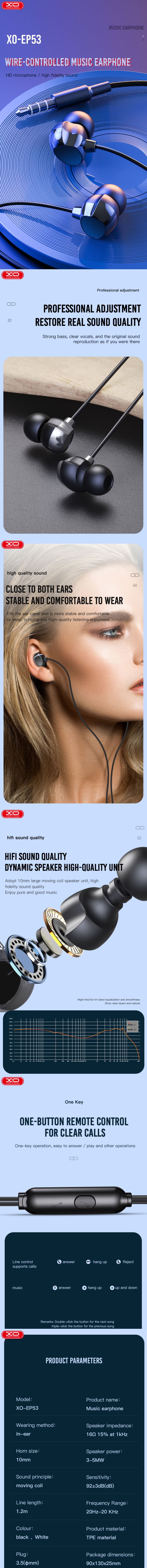 XO Fones de ouvido com fio EP53 jack 3,5 mm intra-auricular branco