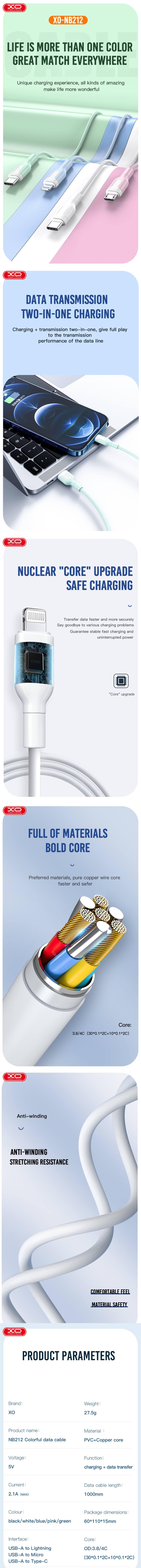 XO kábel NB212 USB - microUSB 1,0 m 2,1A fehér