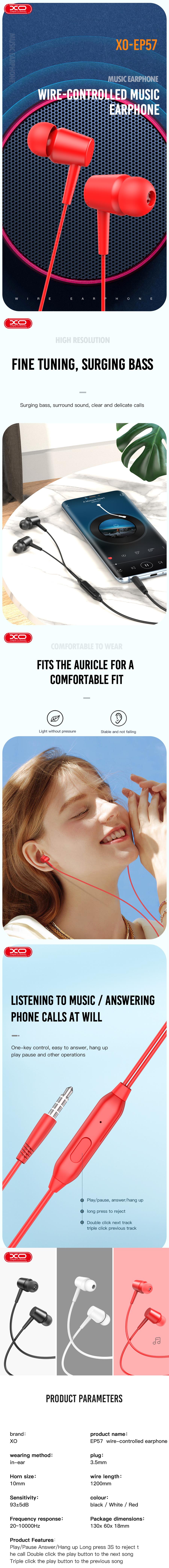 XO wired earphones EP57 jack 3,5mm white